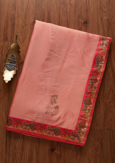 Pink Swarovski Semi Crepe Designer Saree - koskii