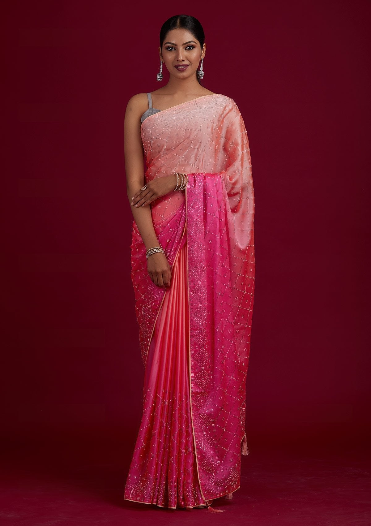 Pink Swarovski Semi Crepe Designer Saree - Koskii