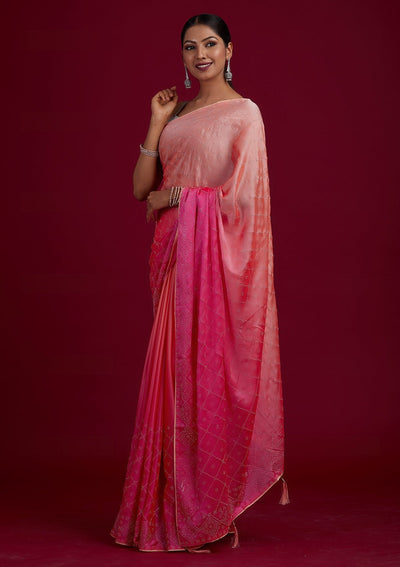 Pink Swarovski Semi Crepe Designer Saree - Koskii