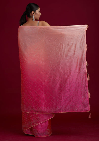 Pink Swarovski Semi Crepe Designer Saree - Koskii