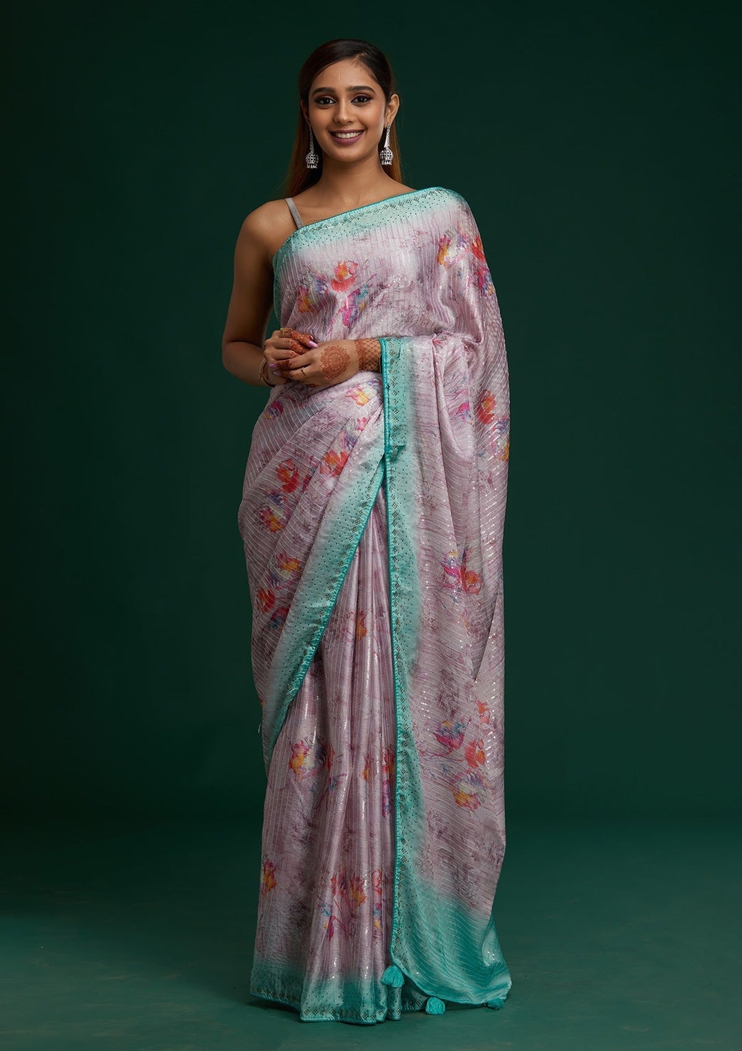 Pink Swarovski Taffeta Silk Saree- Koskii