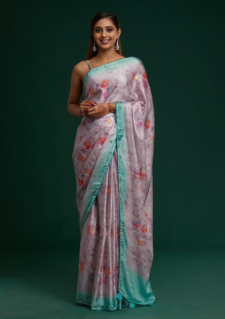 Pink Swarovski Taffeta Silk Saree- Koskii