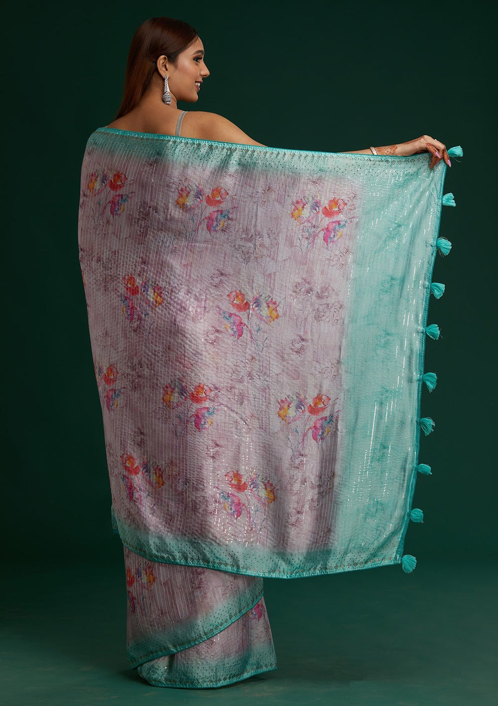 Pink Swarovski Taffeta Silk Saree - Koskii