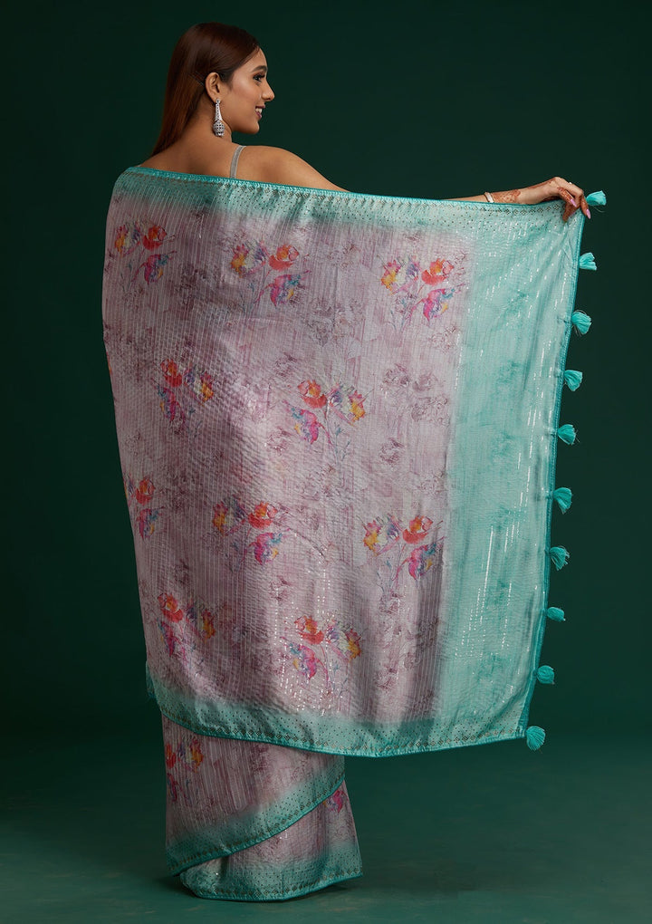 Pink Swarovski Taffeta Silk Saree - Koskii