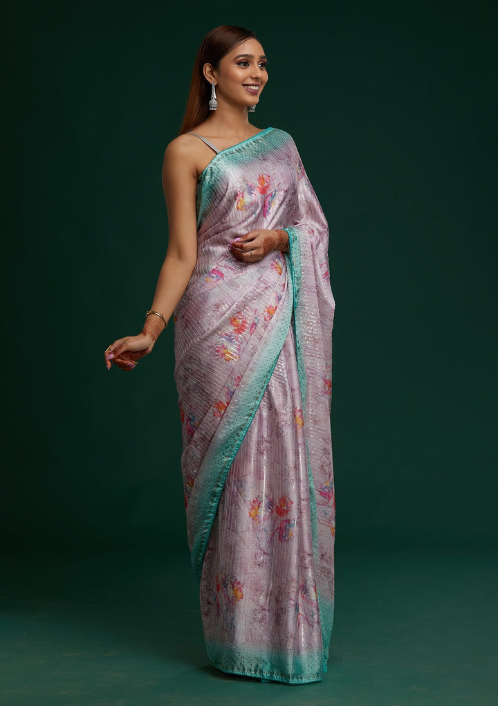 Pink Swarovski Taffeta Silk Saree - Koskii
