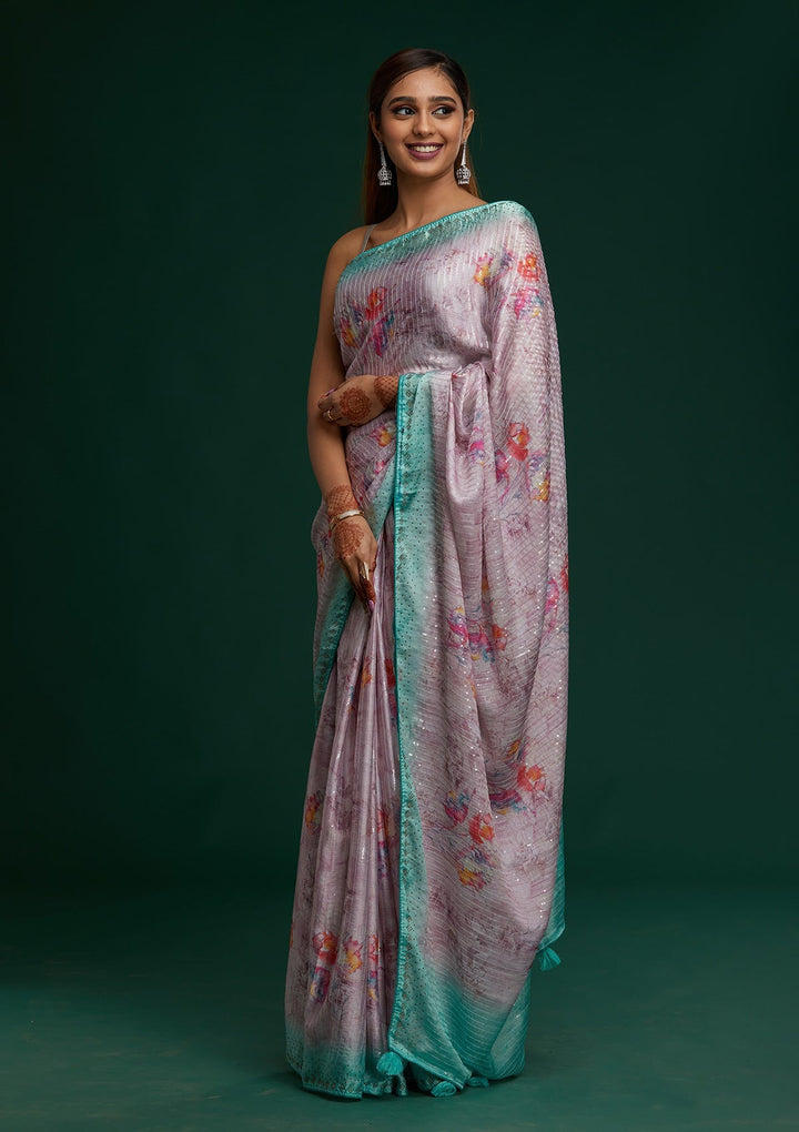 Pink Swarovski Taffeta Silk Saree - Koskii