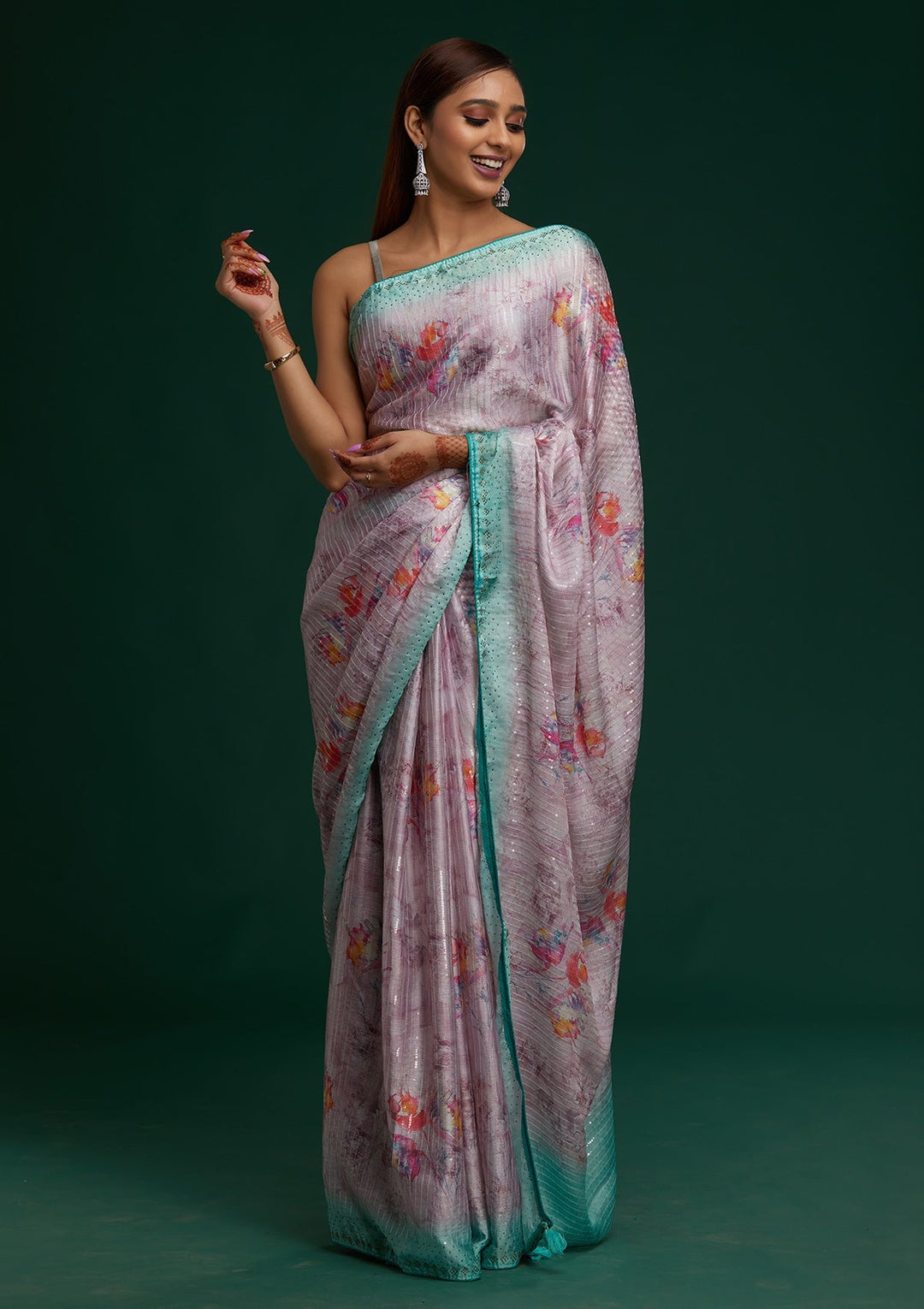 Pink Swarovski Taffeta Silk Saree - Koskii