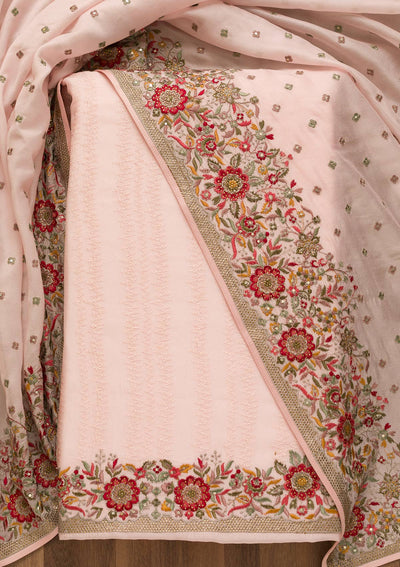 Pink Threadwork Crepe Unstitched Salwar Kameez-Koskii