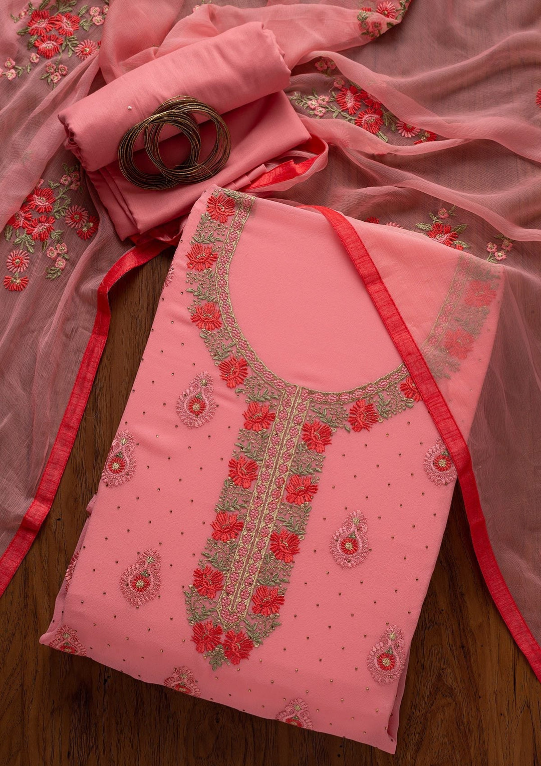 Pink Threadwork Chanderi Designer Unstitched Salwar Suit - koskii