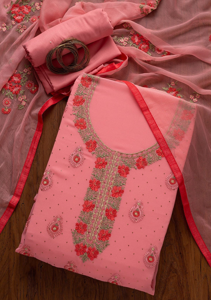 Pink Threadwork Chanderi Designer Unstitched Salwar Suit - koskii
