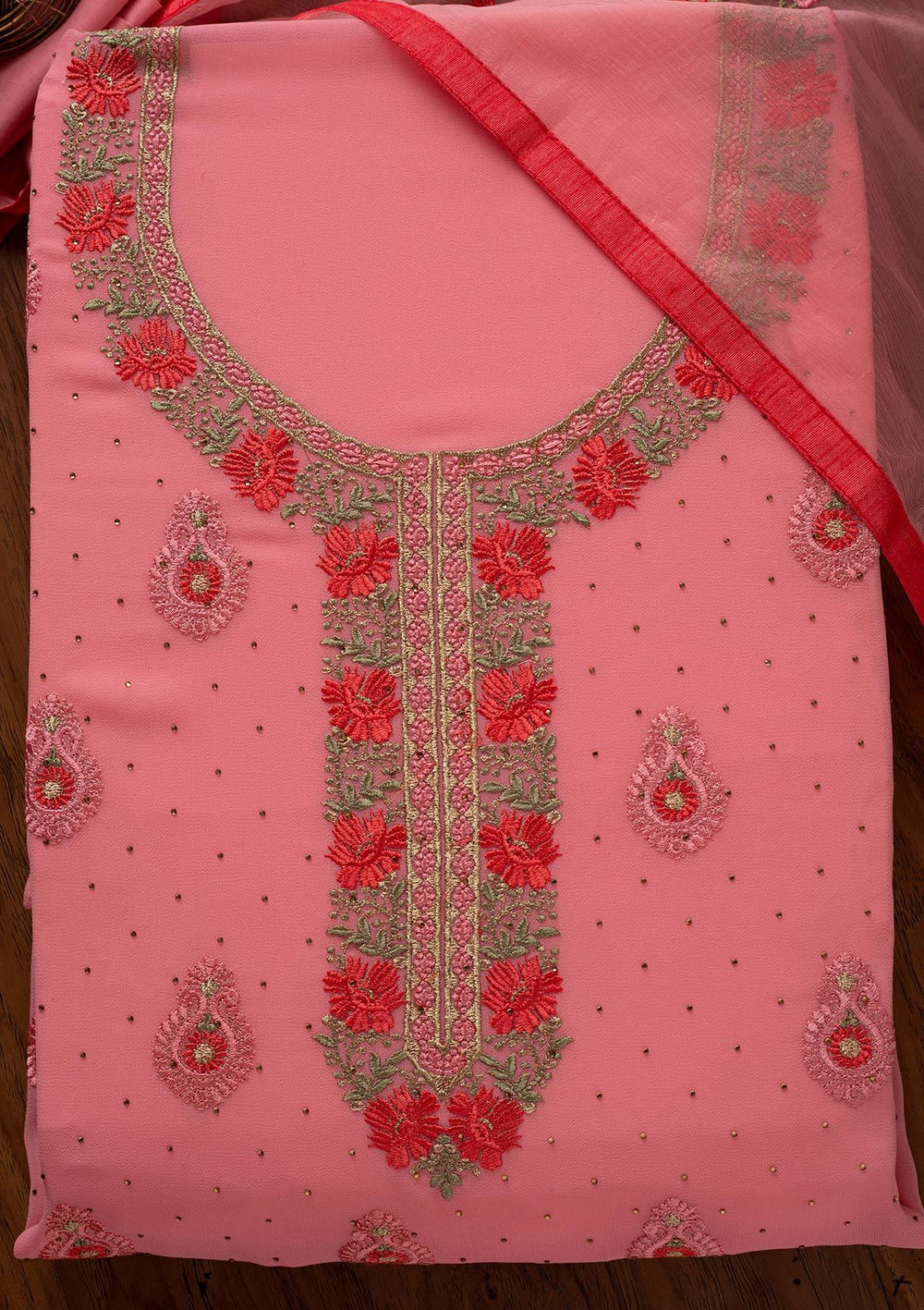 Pink Threadwork Chanderi Designer Unstitched Salwar Suit - koskii