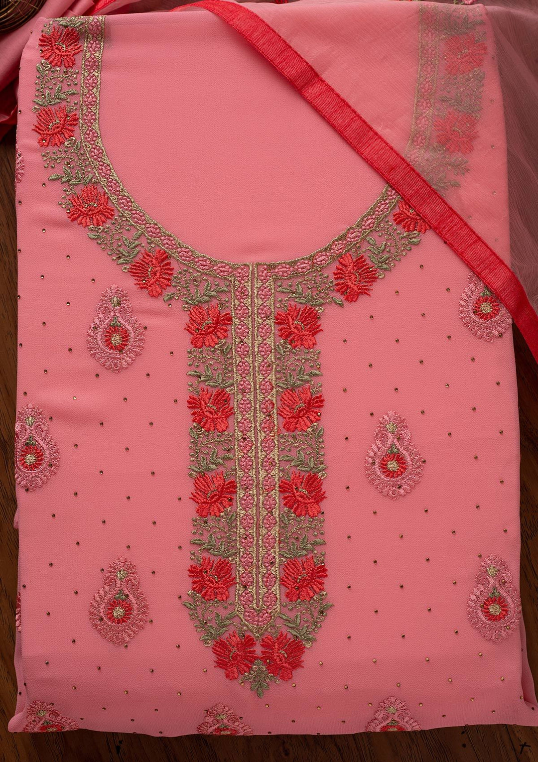 Pink Threadwork Chanderi Designer Unstitched Salwar Suit - koskii