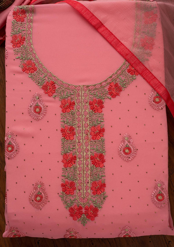 Pink Threadwork Chanderi Designer Unstitched Salwar Suit - koskii