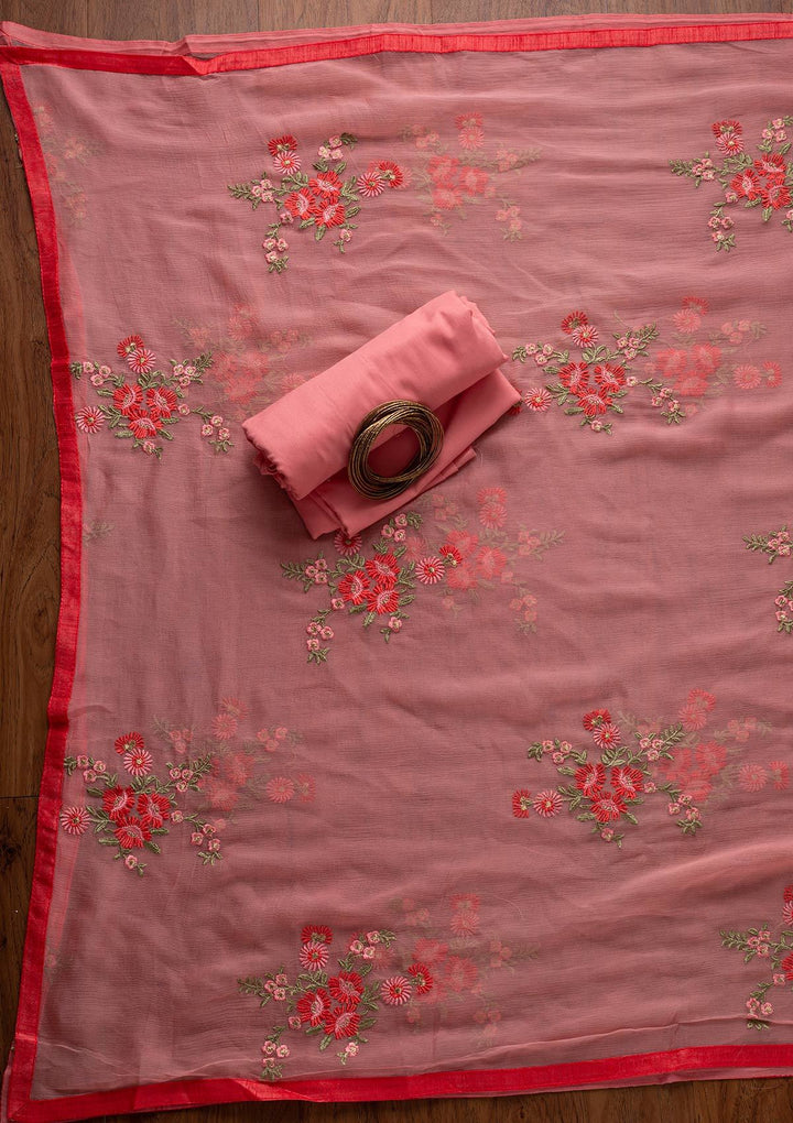 Pink Threadwork Chanderi Designer Unstitched Salwar Suit - koskii