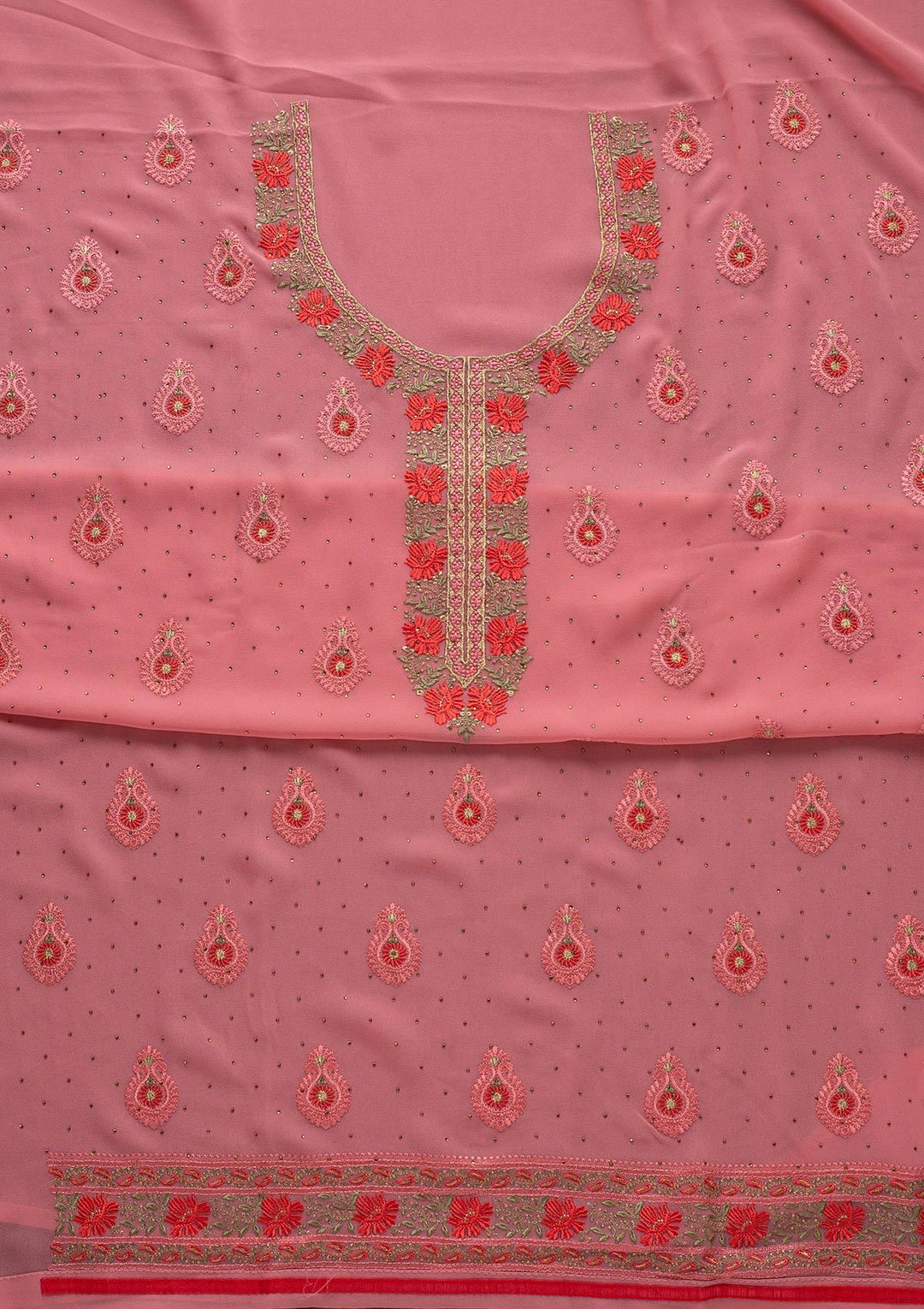 Pink Threadwork Chanderi Designer Unstitched Salwar Suit - koskii