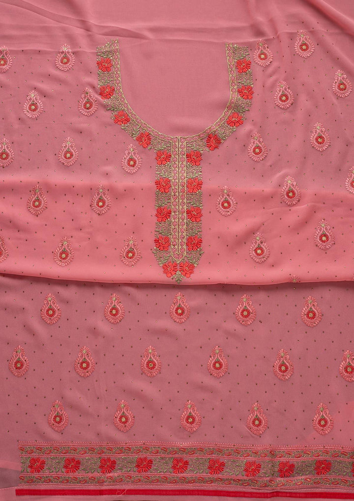 Pink Threadwork Chanderi Designer Unstitched Salwar Suit - koskii