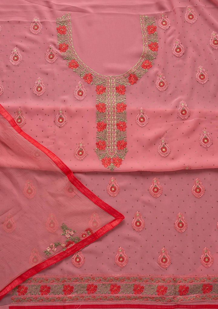 Pink Threadwork Chanderi Designer Unstitched Salwar Suit - koskii