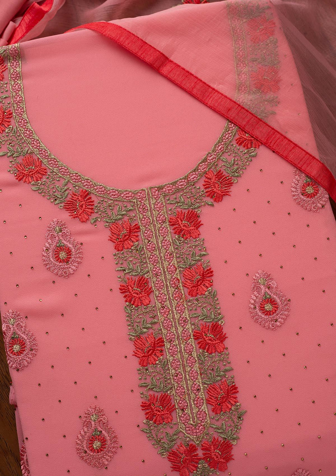 Pink Threadwork Chanderi Designer Unstitched Salwar Suit - koskii