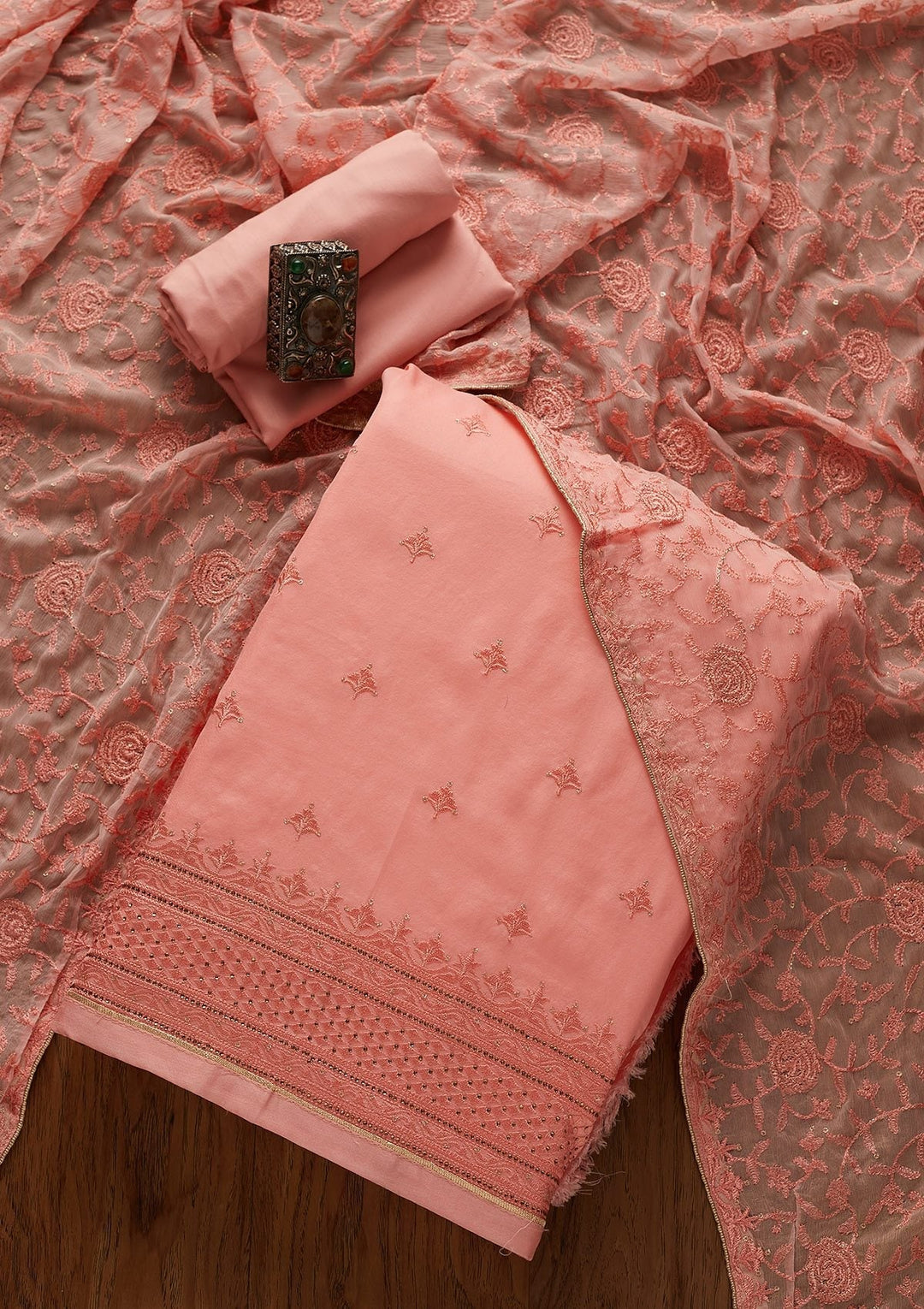 Pink Threadwork Chanderi Designer Unstitched Salwar Suit - koskii
