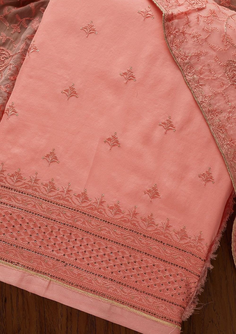 Pink Threadwork Chanderi Designer Unstitched Salwar Suit - koskii