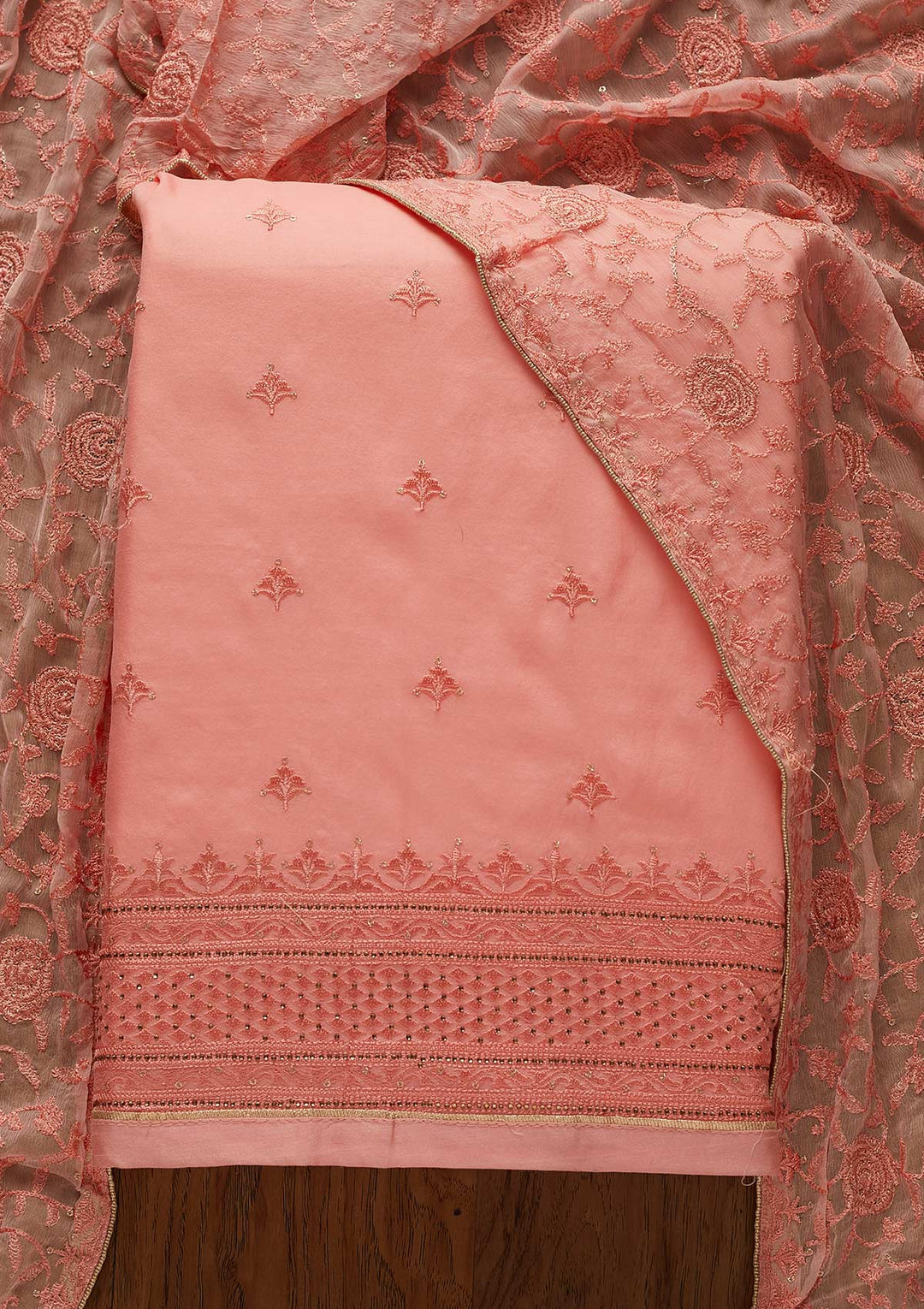 Pink Threadwork Chanderi Designer Unstitched Salwar Suit - koskii