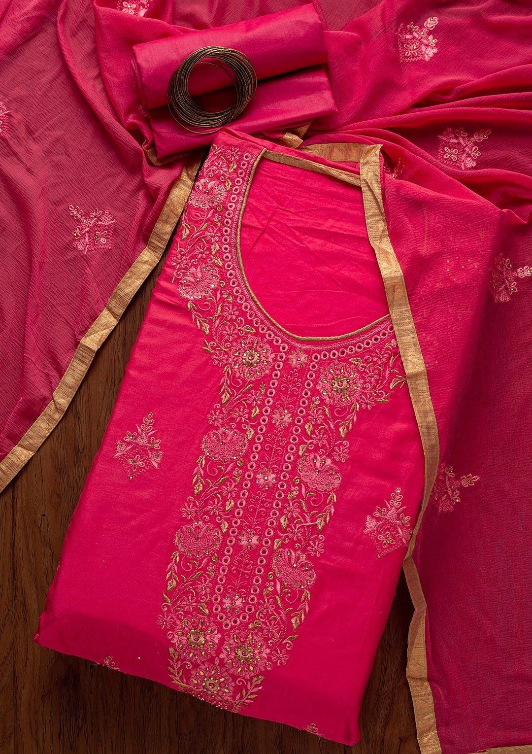 Pink Threadwork Chanderi Designer Unstitched Salwar Suit - koskii