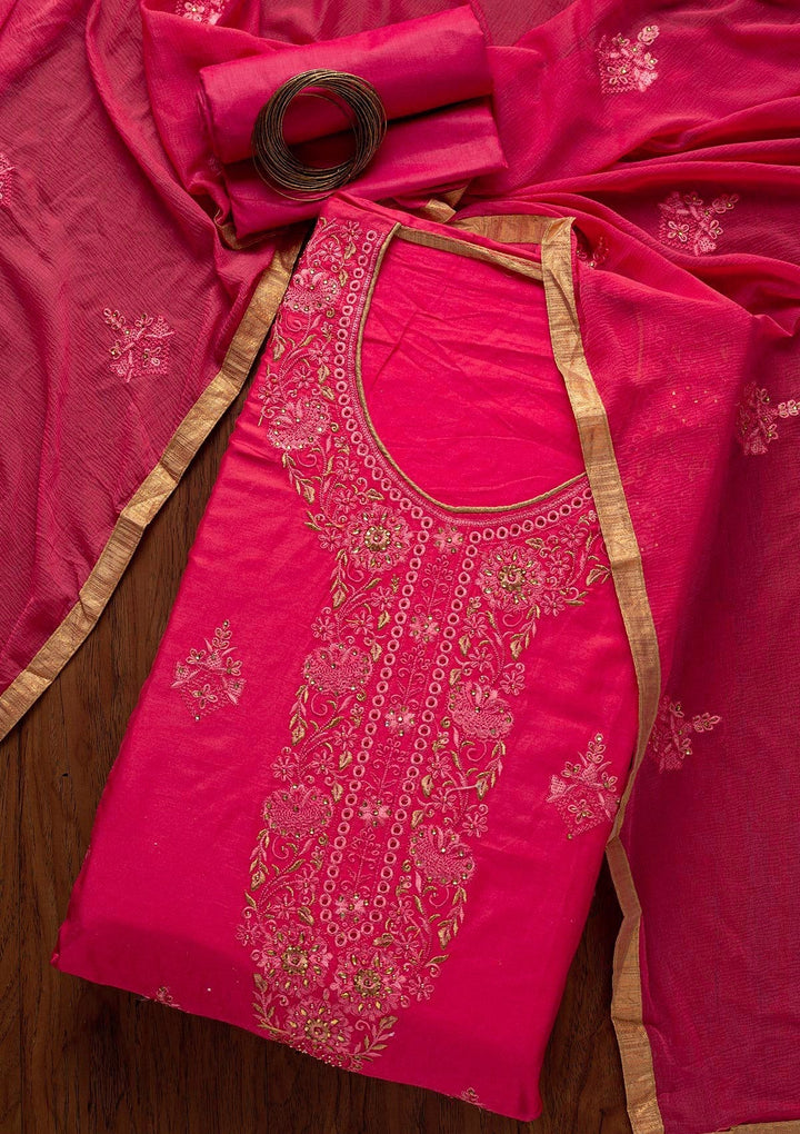 Pink Threadwork Chanderi Designer Unstitched Salwar Suit - koskii