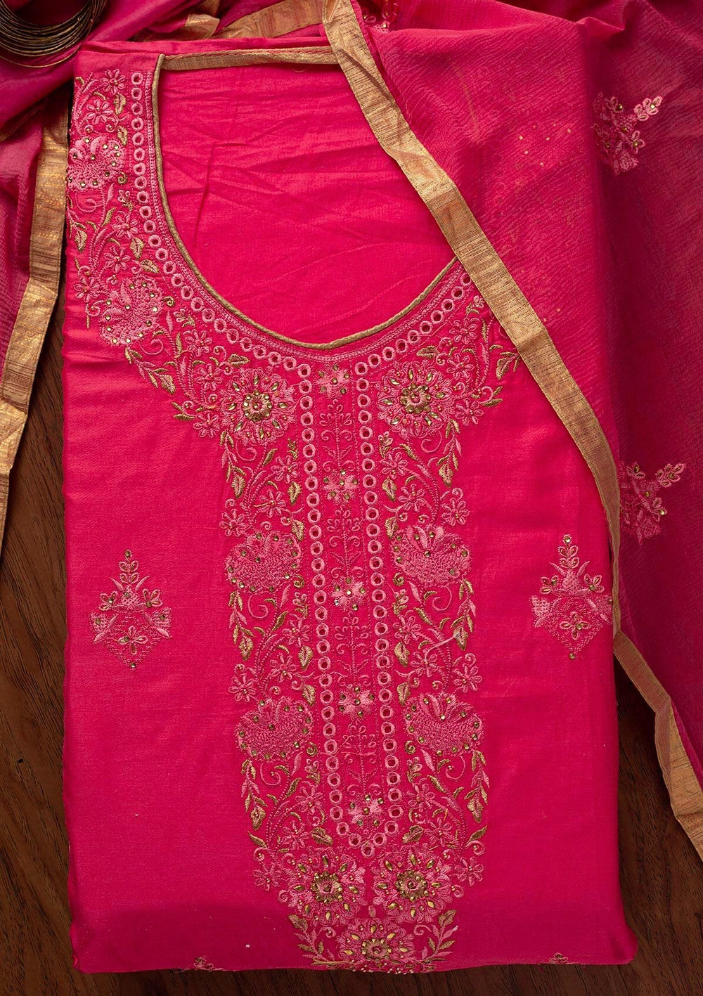 Pink Threadwork Chanderi Designer Unstitched Salwar Suit - koskii