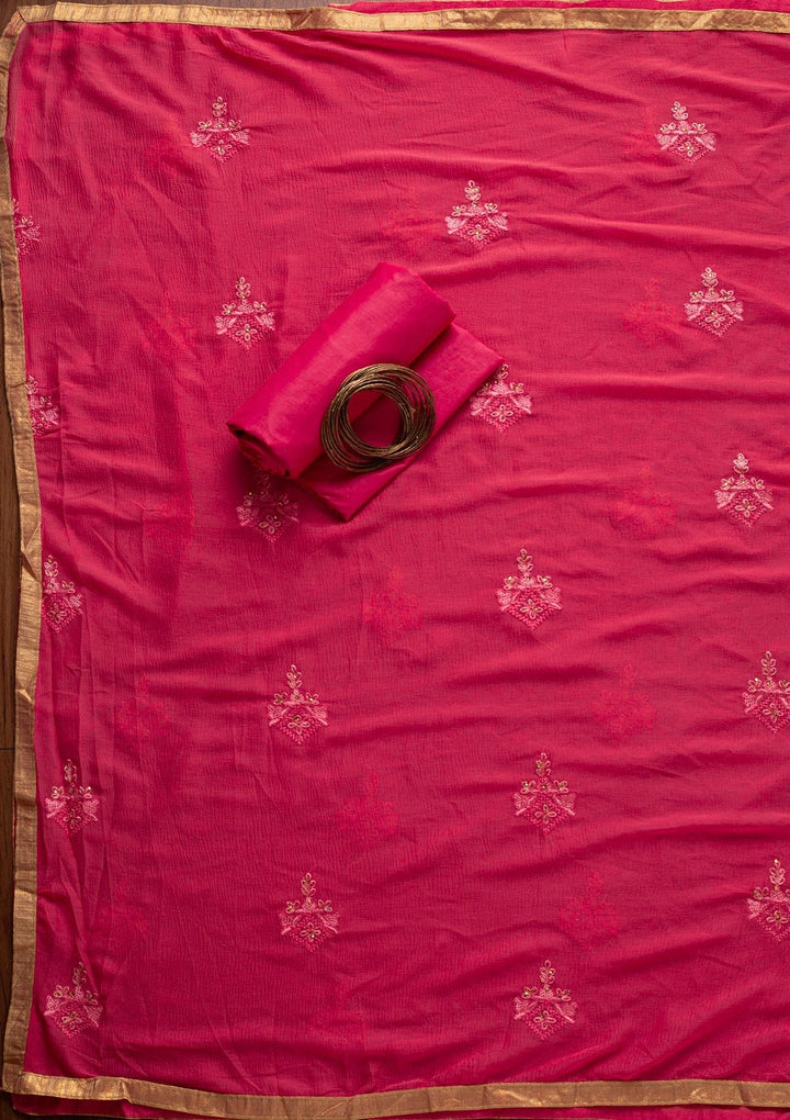 Pink Threadwork Chanderi Designer Unstitched Salwar Suit - koskii