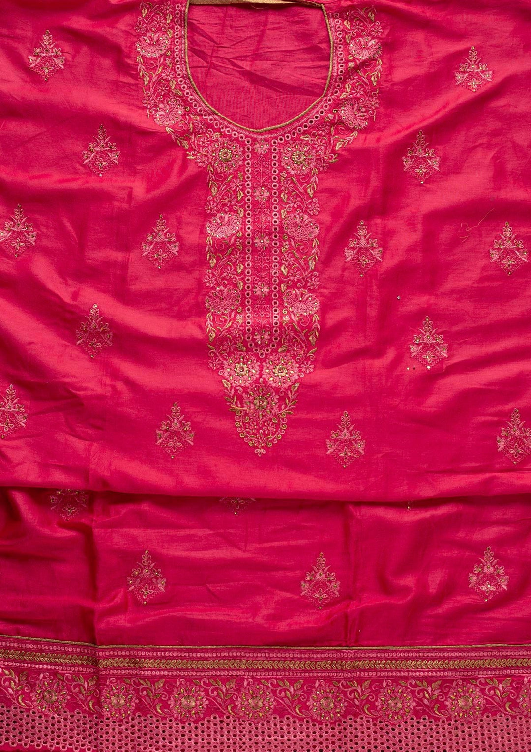 Pink Threadwork Chanderi Designer Unstitched Salwar Suit - koskii