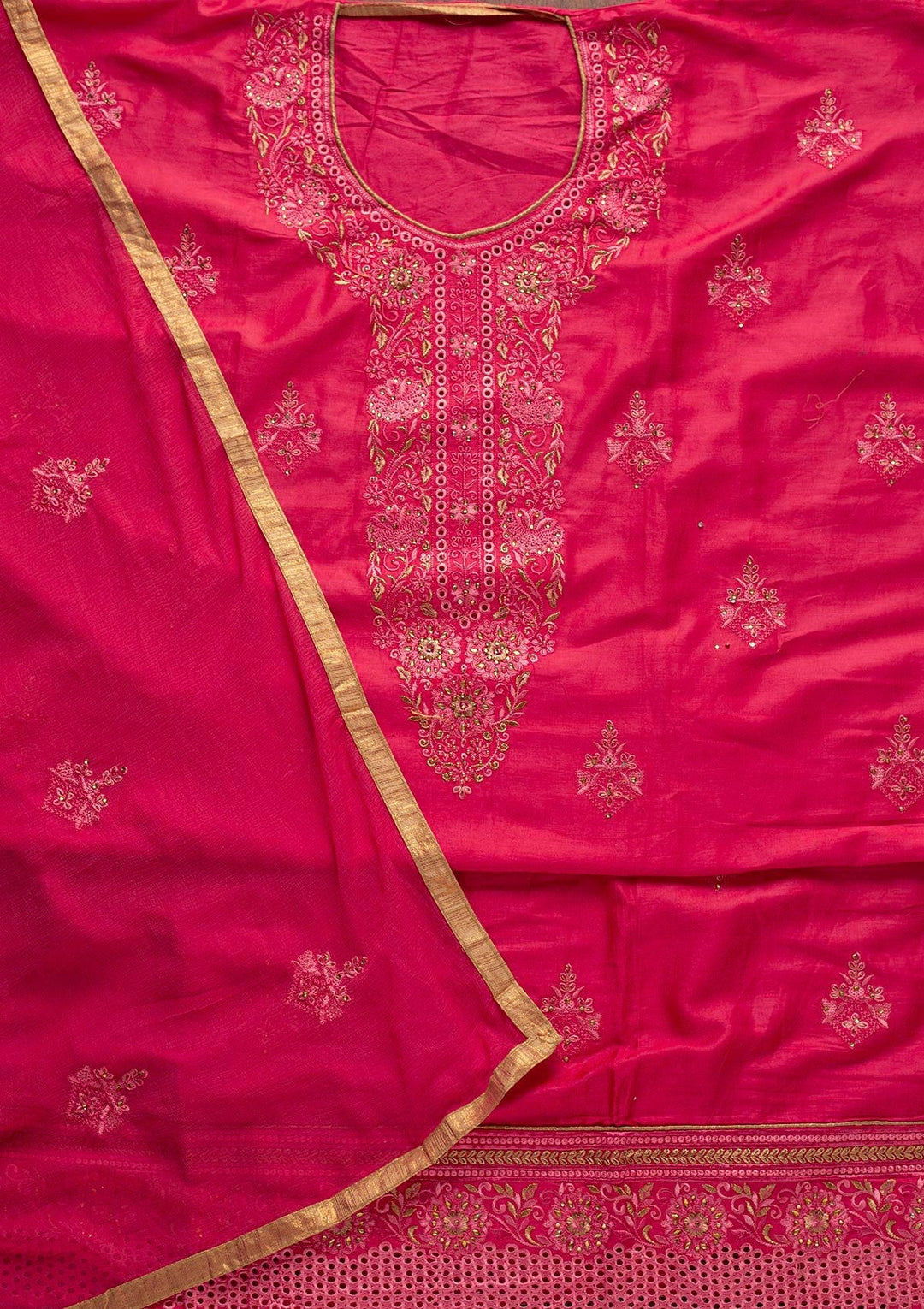 Pink Threadwork Chanderi Designer Unstitched Salwar Suit - koskii
