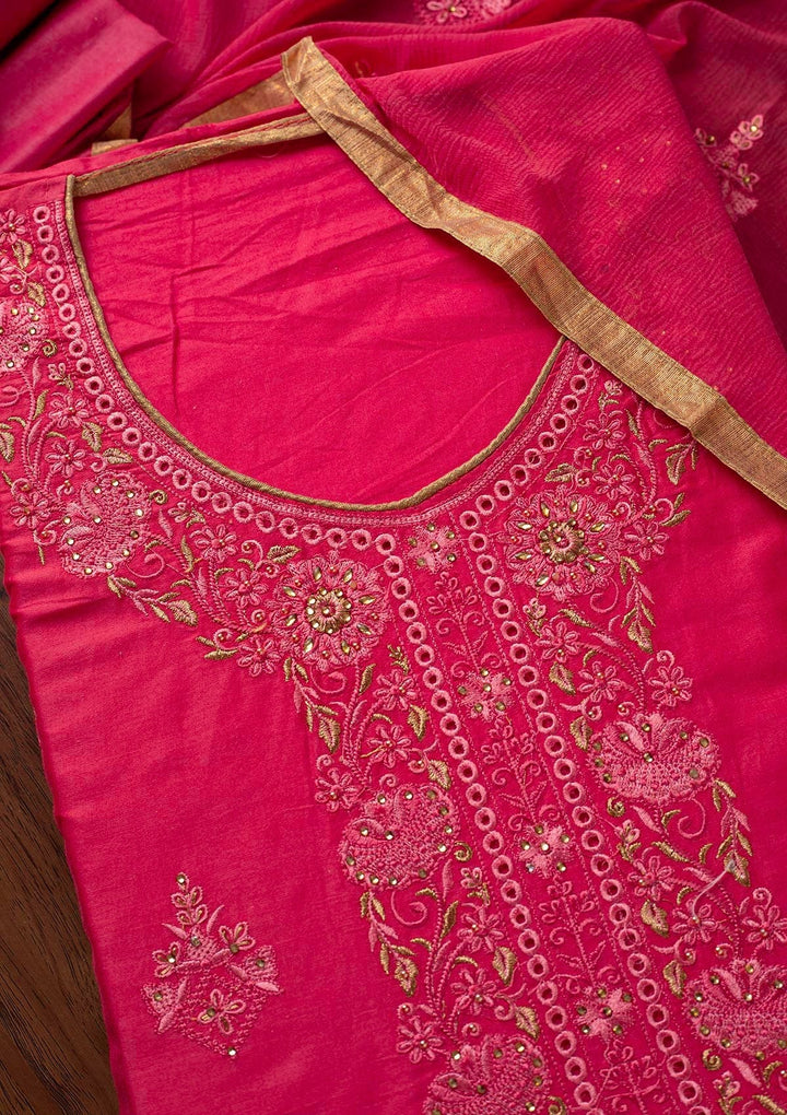 Pink Threadwork Chanderi Designer Unstitched Salwar Suit - koskii
