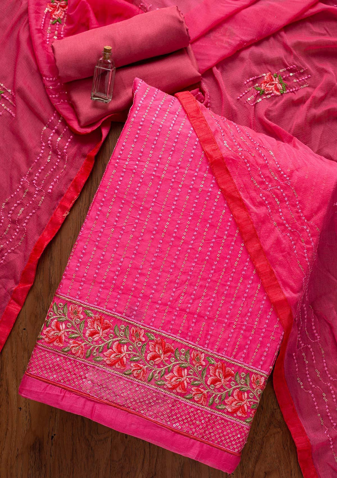 Pink Threadwork Chanderi Designer Semi-Stitched Salwar Suit - koskii
