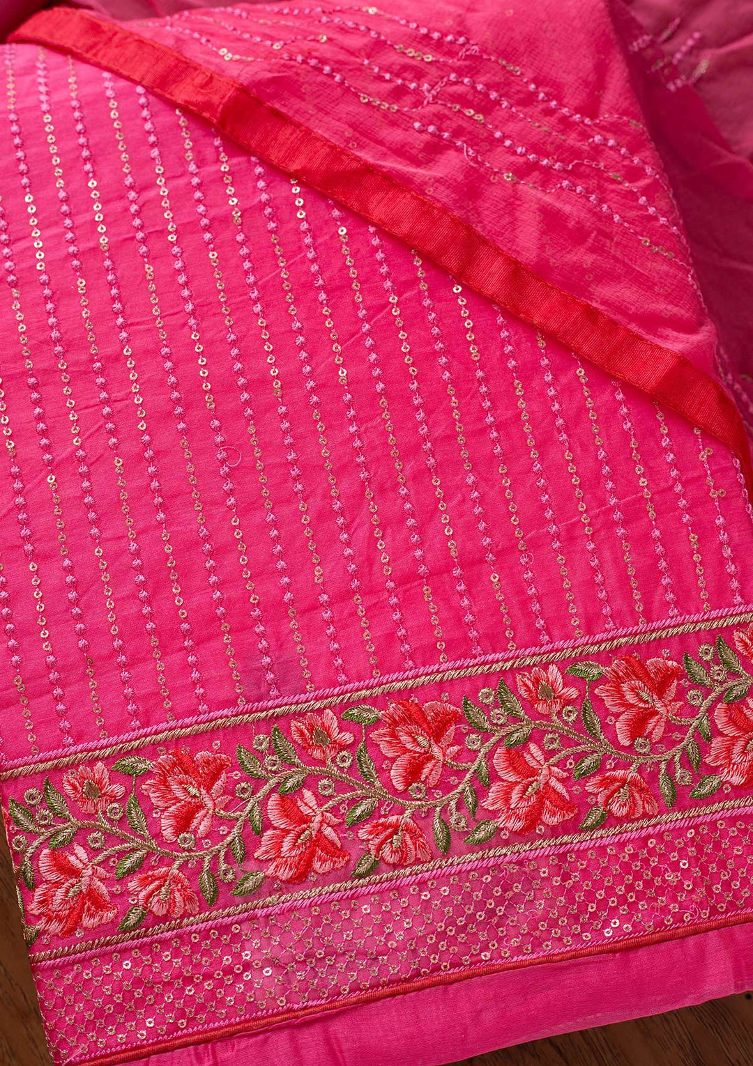 Pink Threadwork Chanderi Designer Semi-Stitched Salwar Suit - koskii