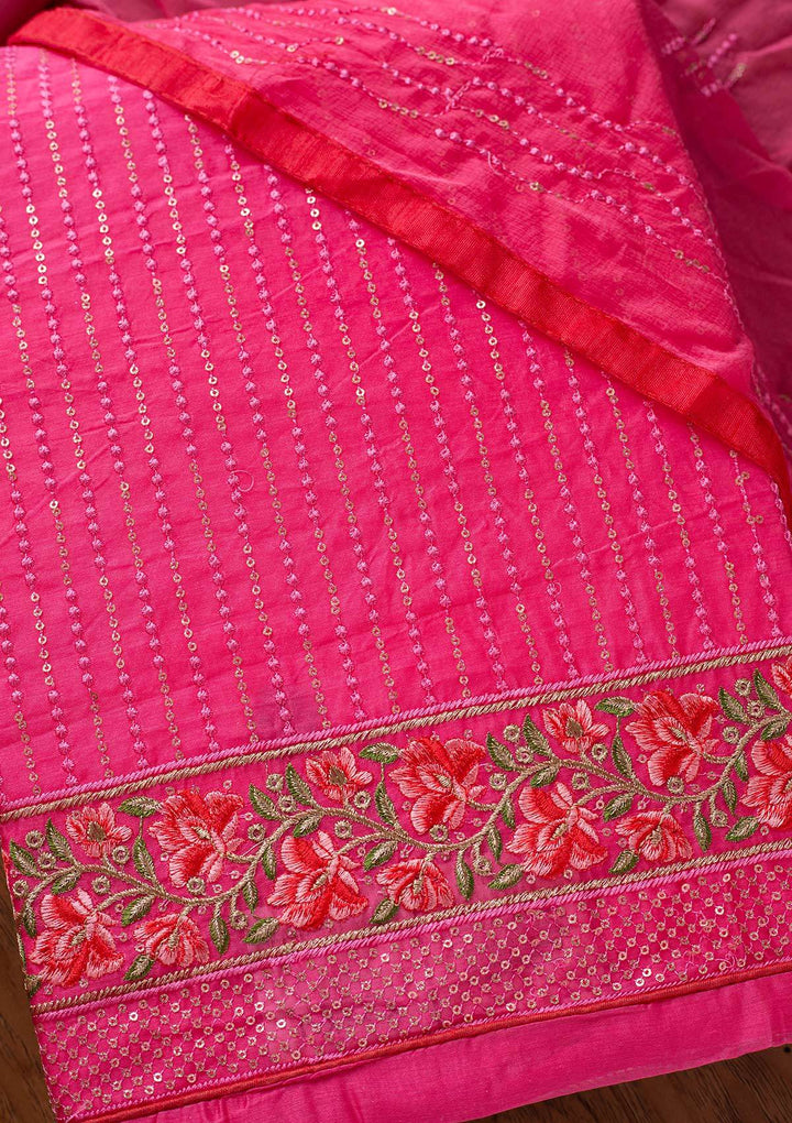 Pink Threadwork Chanderi Designer Semi-Stitched Salwar Suit - koskii