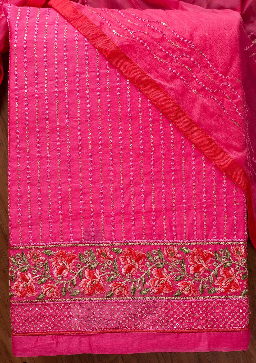 Pink Threadwork Chanderi Designer Semi-Stitched Salwar Suit - koskii