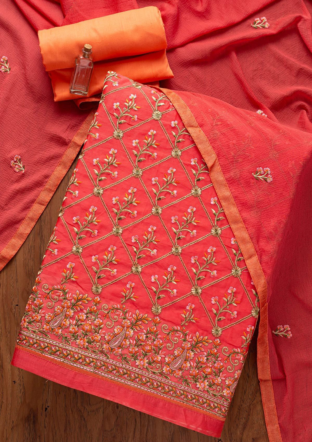 Pink Threadwork Chanderi Designer Semi-Stitched Salwar Suit - koskii