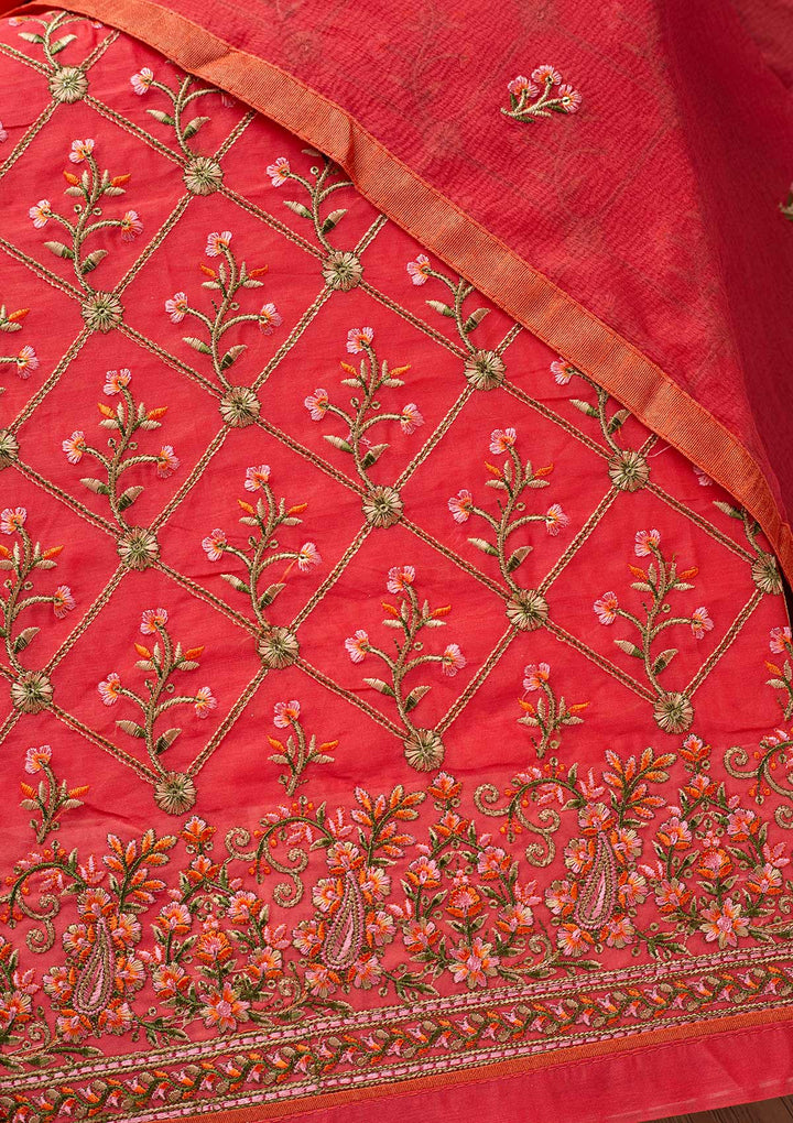 Pink Threadwork Chanderi Designer Semi-Stitched Salwar Suit - koskii
