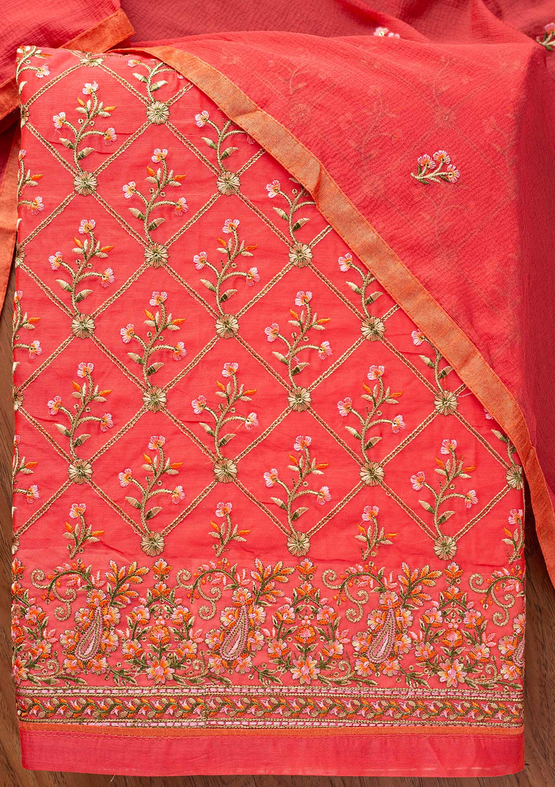 Pink Threadwork Chanderi Designer Semi-Stitched Salwar Suit - koskii