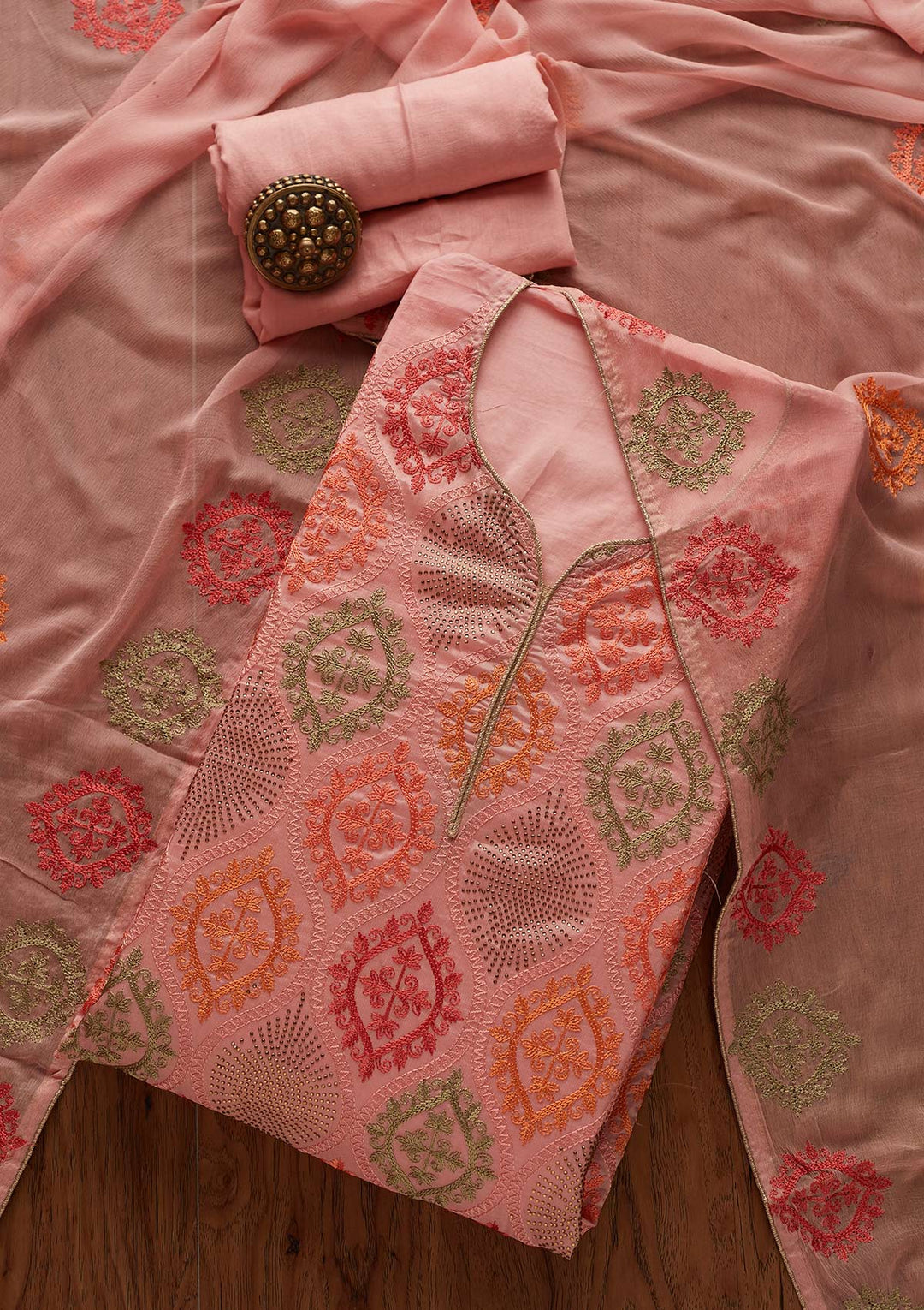 Pink Threadwork Chanderi Designer Unstitched Salwar Suit - Koskii