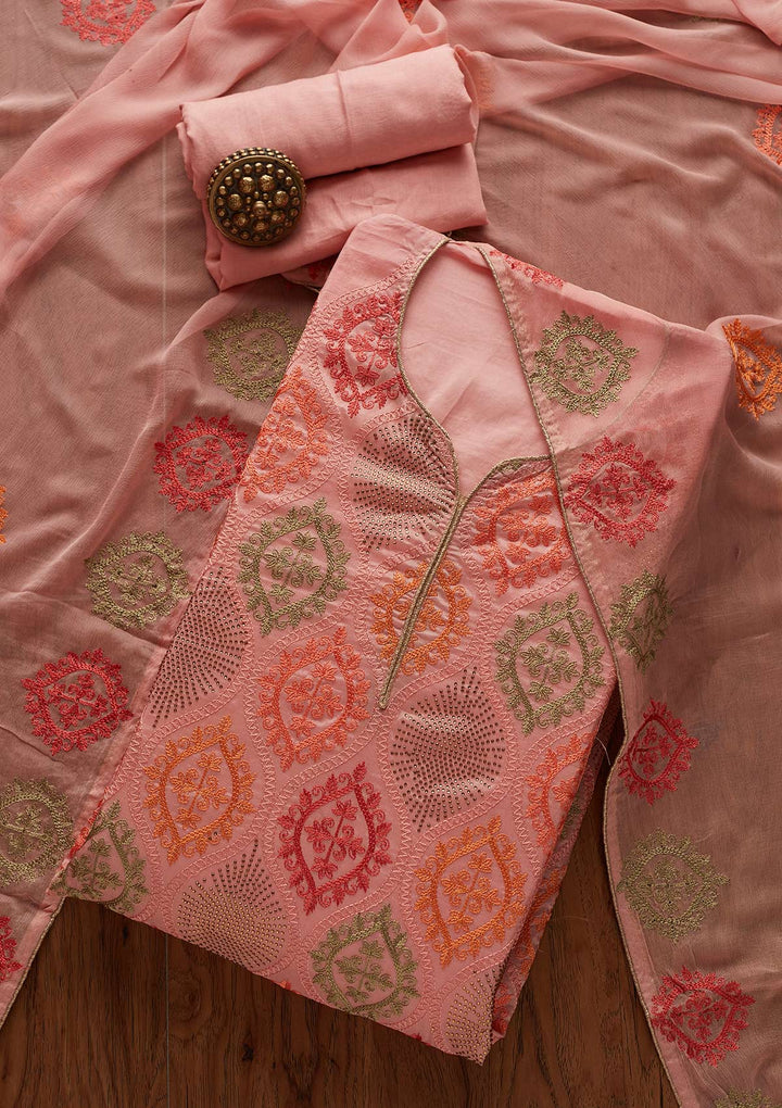 Pink Threadwork Chanderi Designer Unstitched Salwar Suit - Koskii