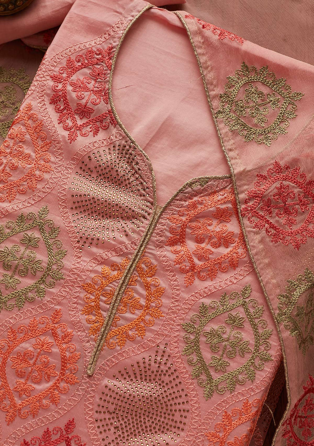 Pink Threadwork Chanderi Designer Unstitched Salwar Suit - Koskii