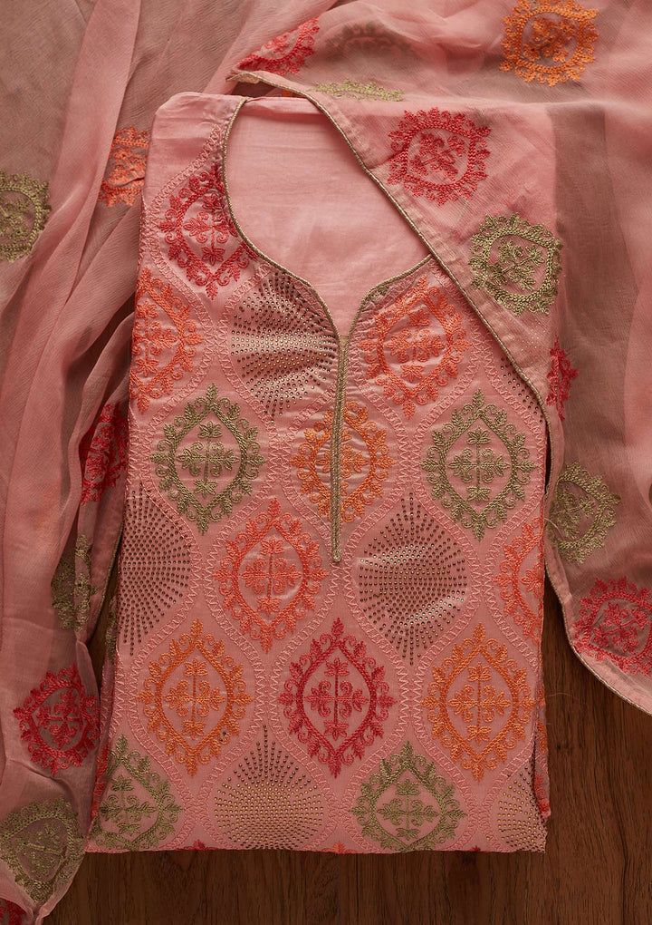 Pink Threadwork Chanderi Designer Unstitched Salwar Suit - Koskii