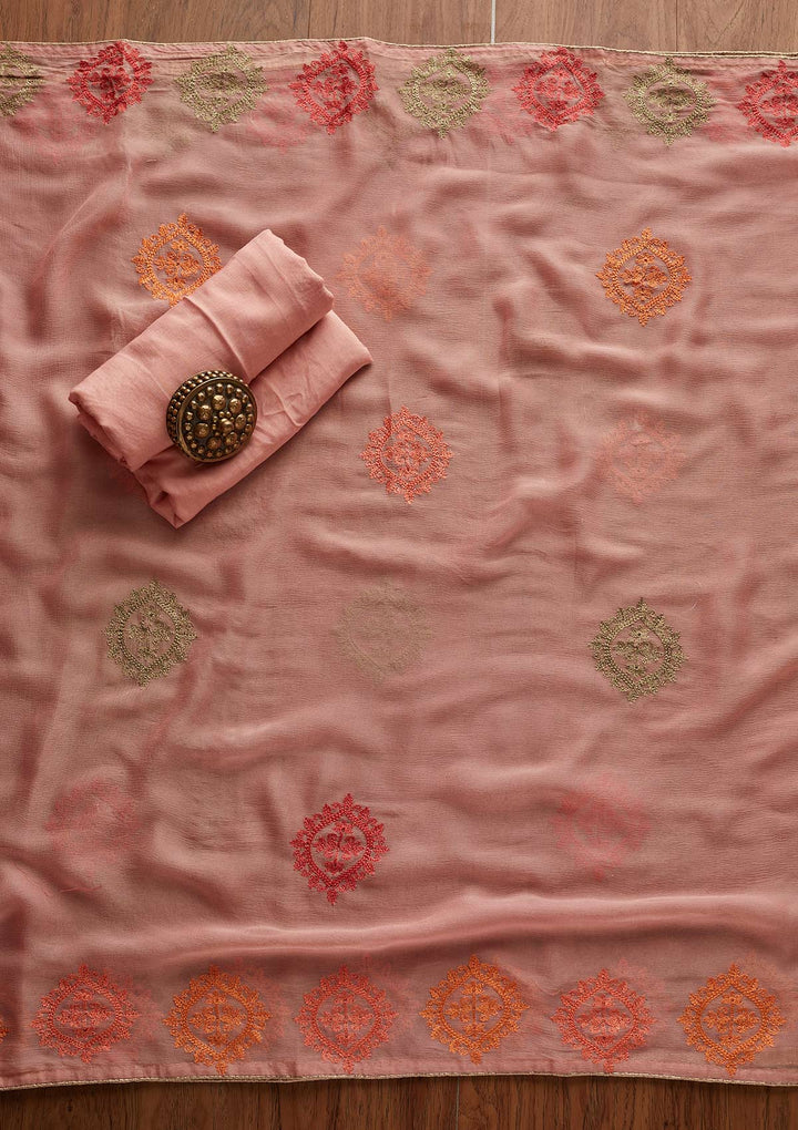 Pink Threadwork Chanderi Designer Unstitched Salwar Suit - Koskii