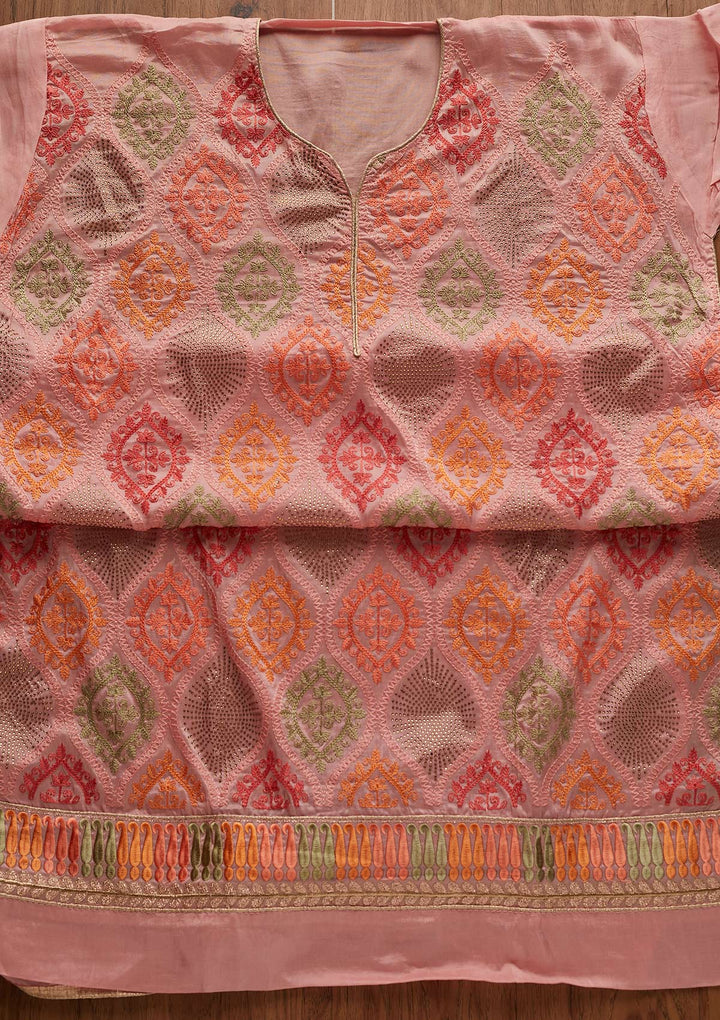 Pink Threadwork Chanderi Designer Unstitched Salwar Suit - Koskii