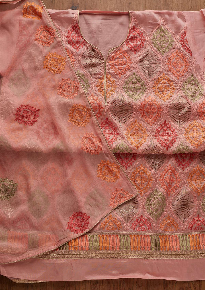 Pink Threadwork Chanderi Designer Unstitched Salwar Suit - Koskii