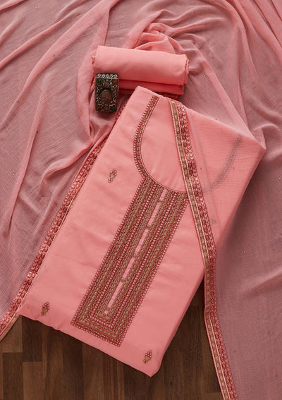 Pink Threadwork Chanderi Designer Unstitched Salwar Suit - Koskii