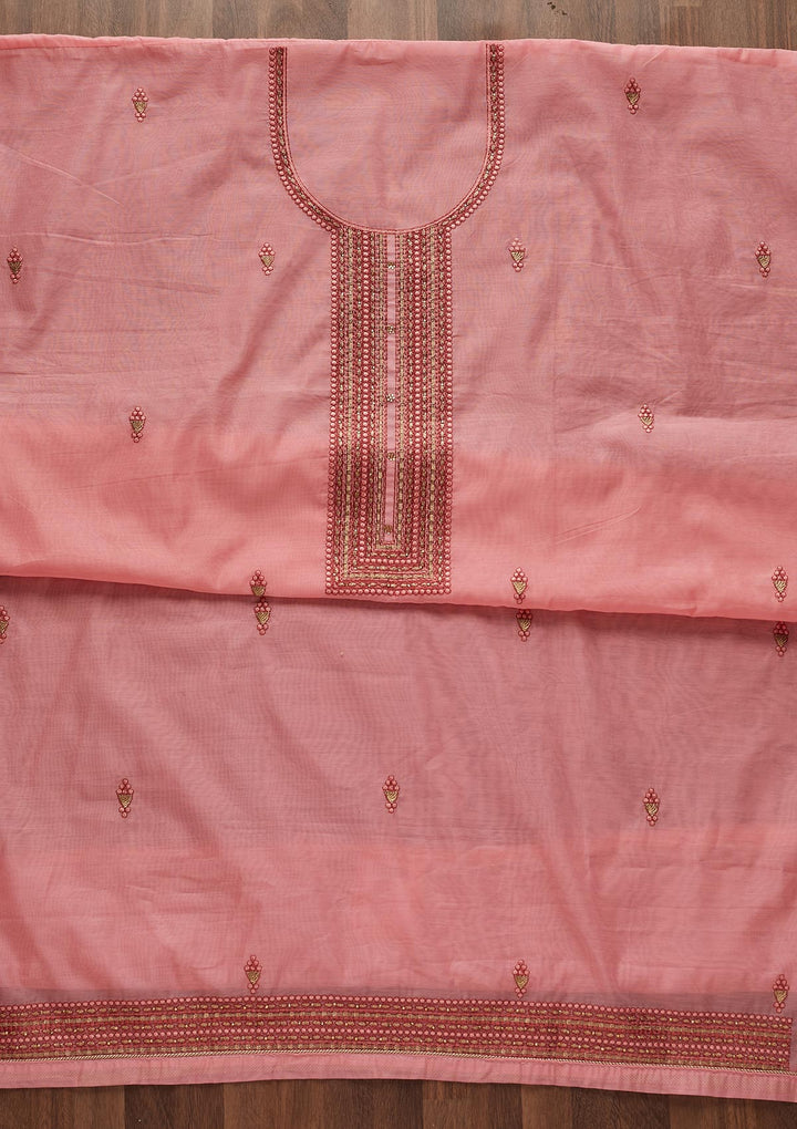 Pink Threadwork Chanderi Designer Unstitched Salwar Suit - Koskii