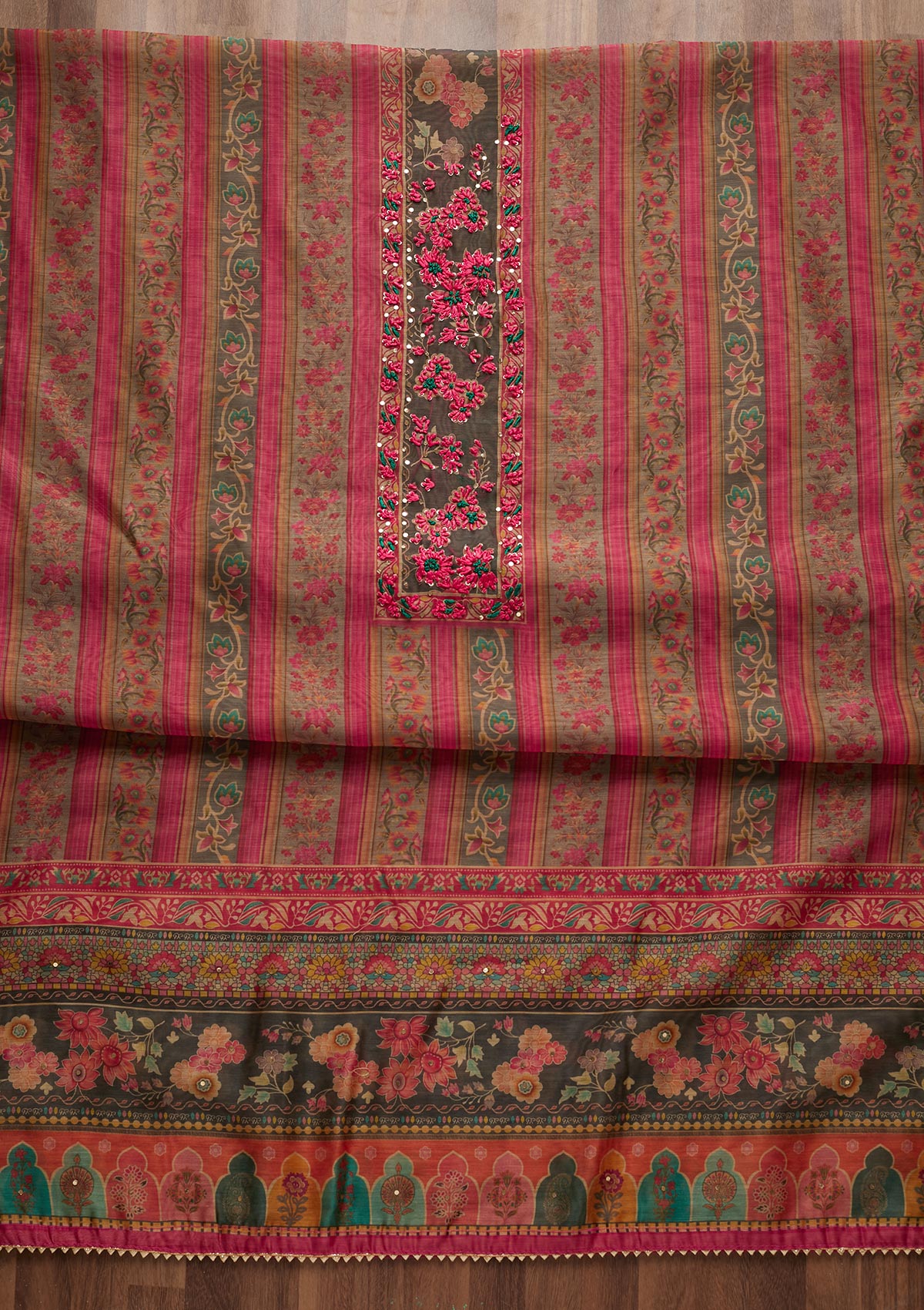 Pink Threadwork Chanderi Unstitched Salwar Suit - Koskii