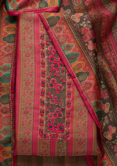 Pink Threadwork Chanderi Unstitched Salwar Suit - Koskii